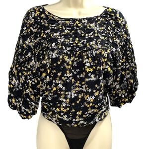 Free People Intimately Floral Open Back Bodysuit Balloon Sleeve Womens Size S